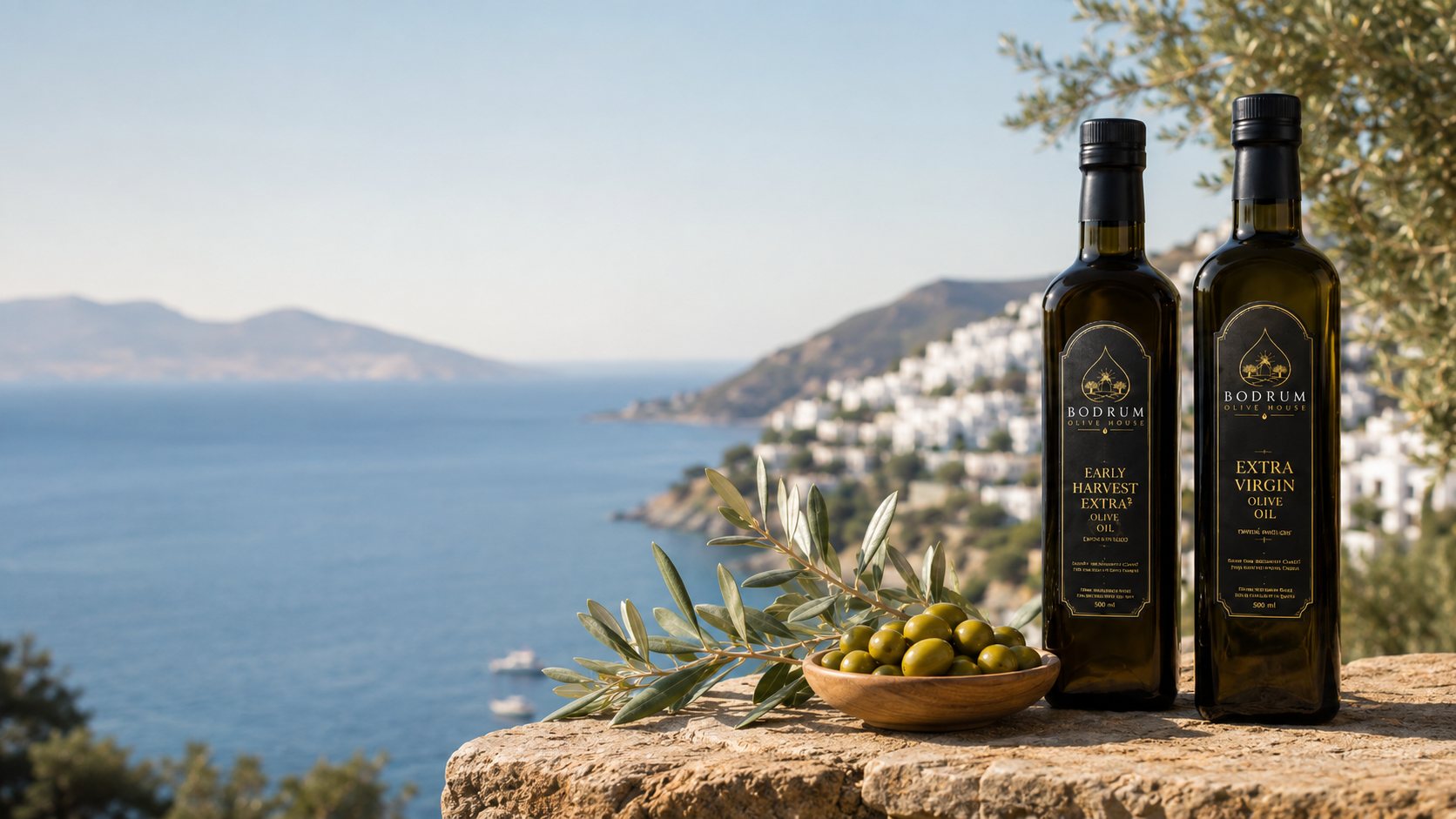 Bodrum Olive House early harvest and extra virgin olive oil bottles above the Bodrum coastline