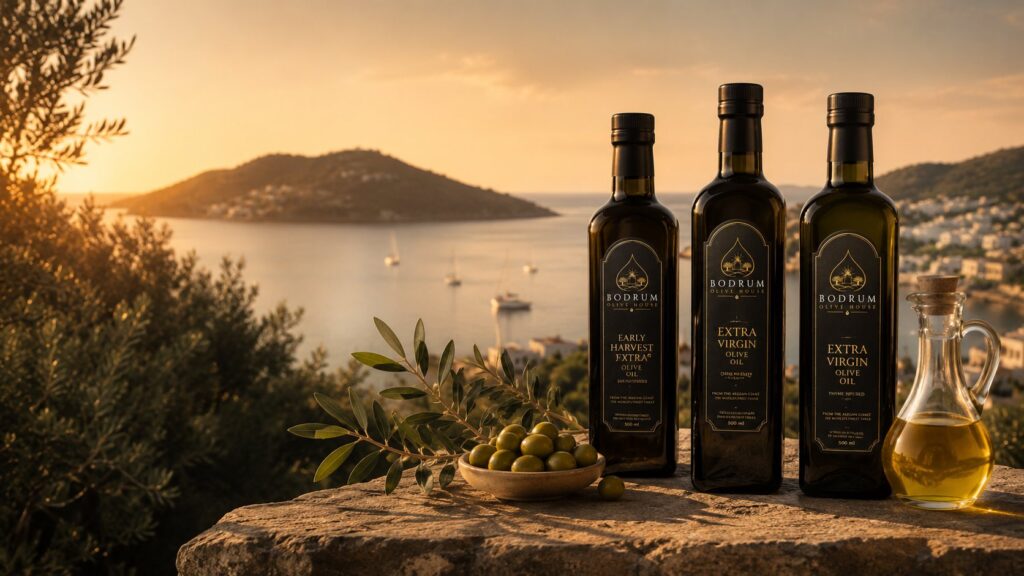 Bodrum Olive House bottles on a stone ledge above the Bodrum coastline at sunset