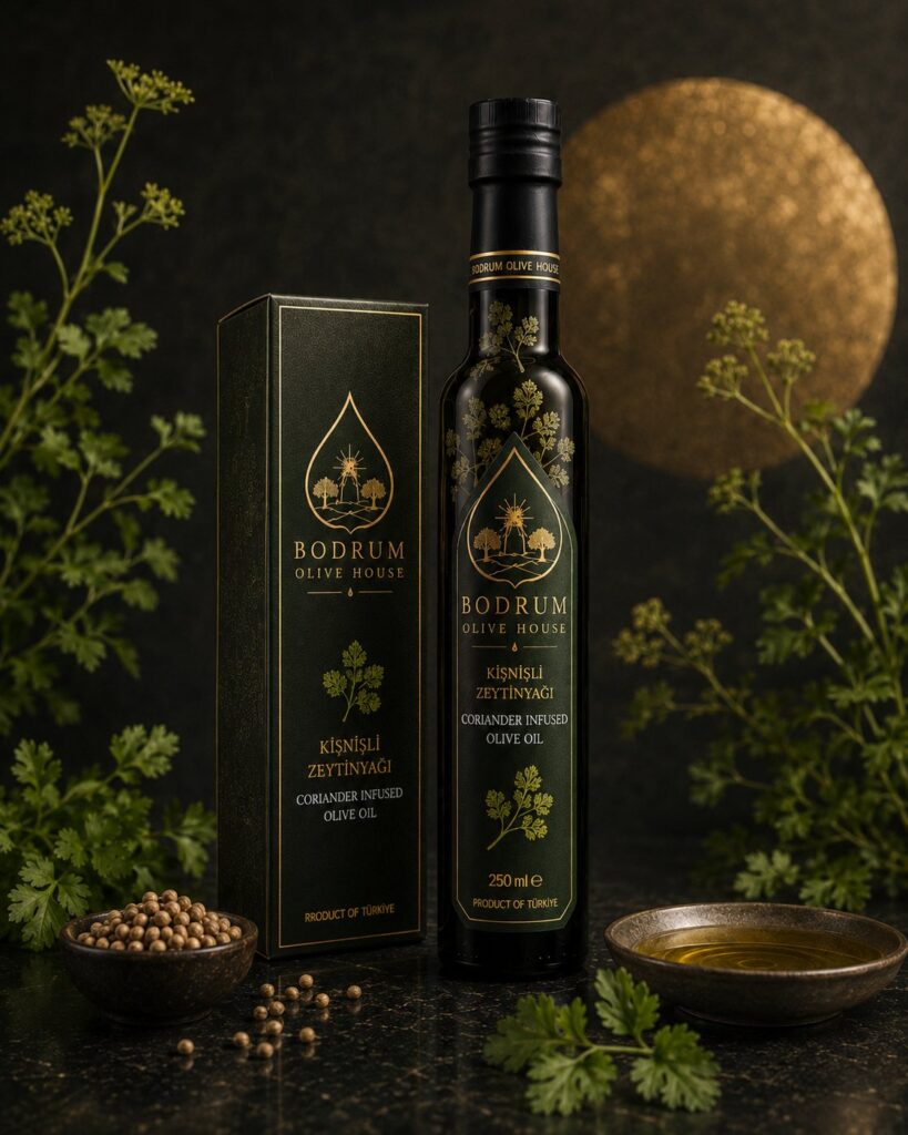 Bodrum Olive House coriander infused olive oil 250 ml bottle with packaging box