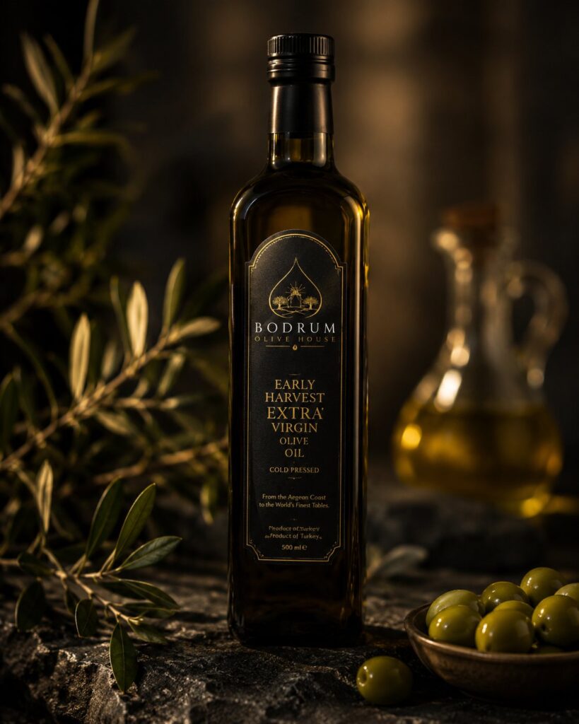 Bodrum Olive House early harvest extra virgin olive oil in a dark editorial still life with olive branches
