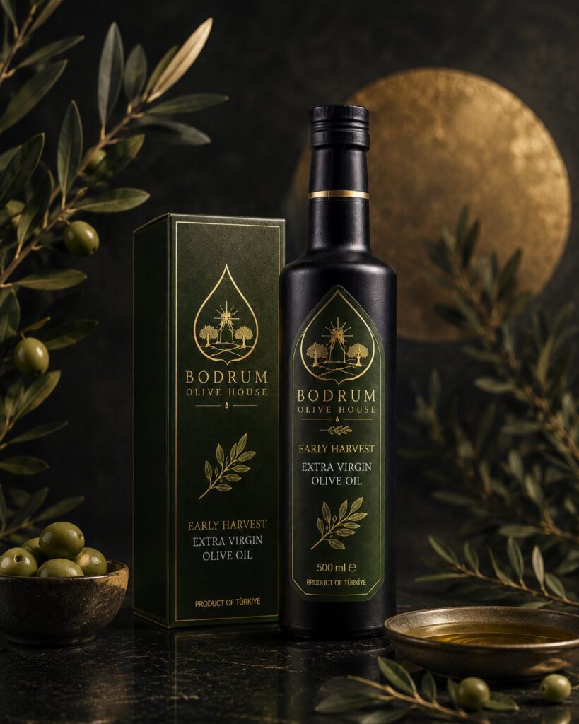 Bodrum Olive House 500 ml early harvest extra virgin olive oil in dark glass bottle