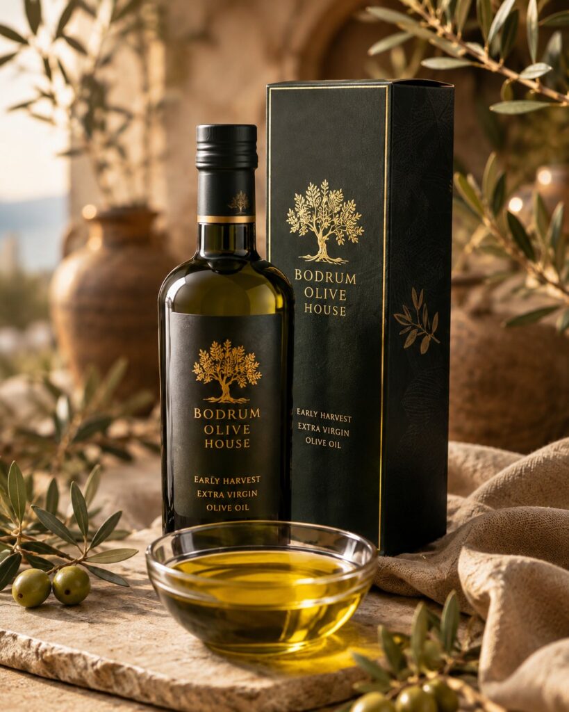 Bodrum Olive House early harvest extra virgin olive oil bottle beside its gift box and a glass tasting bowl of golden oil, framed by olive branches