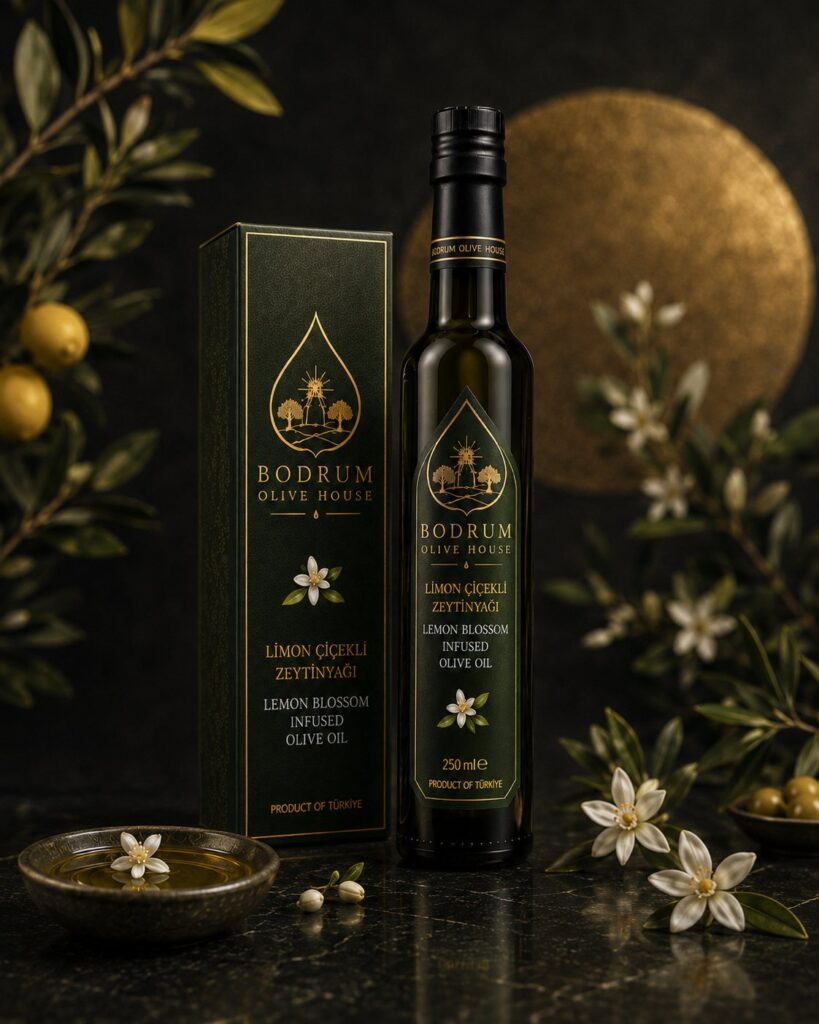 Bodrum Olive House lemon blossom infused olive oil 250 ml bottle with packaging box