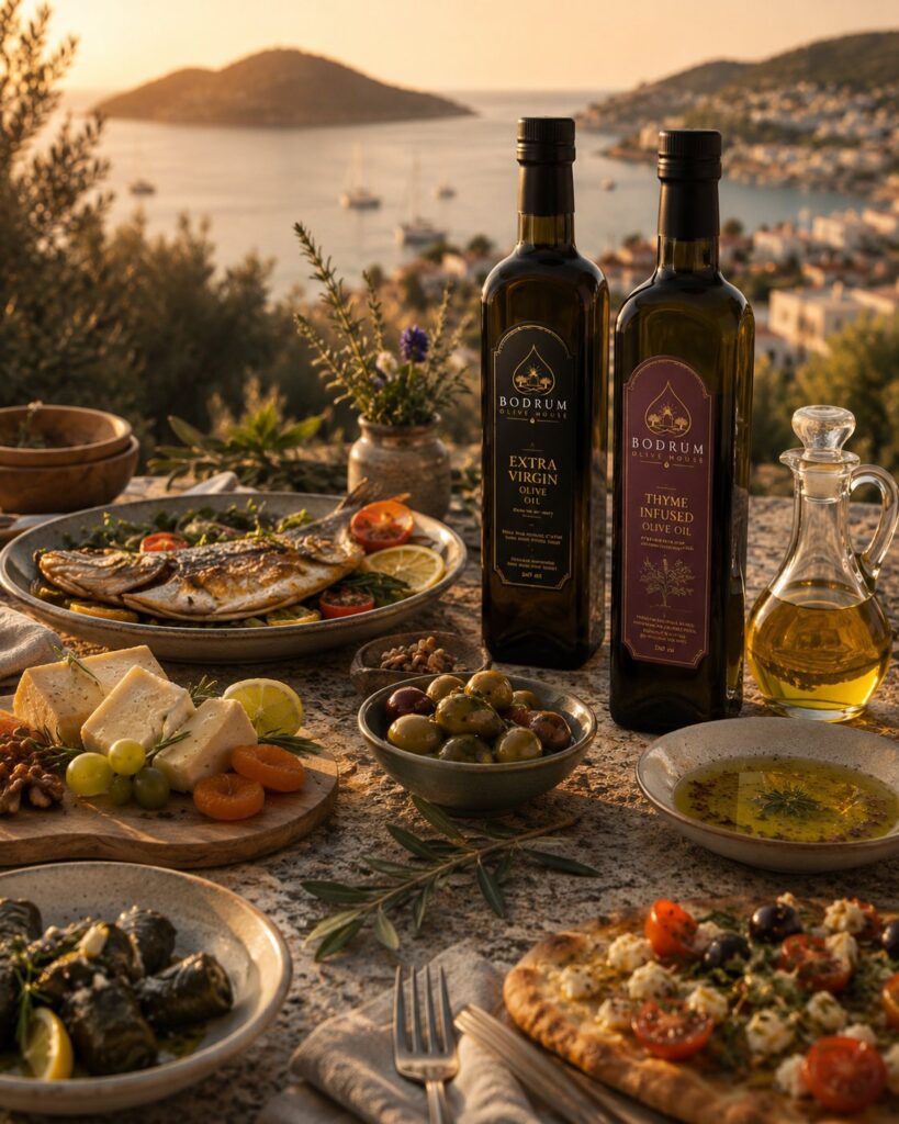 A Mediterranean table with Bodrum Olive House bottles, cheese, olives and grilled fish overlooking Bodrum