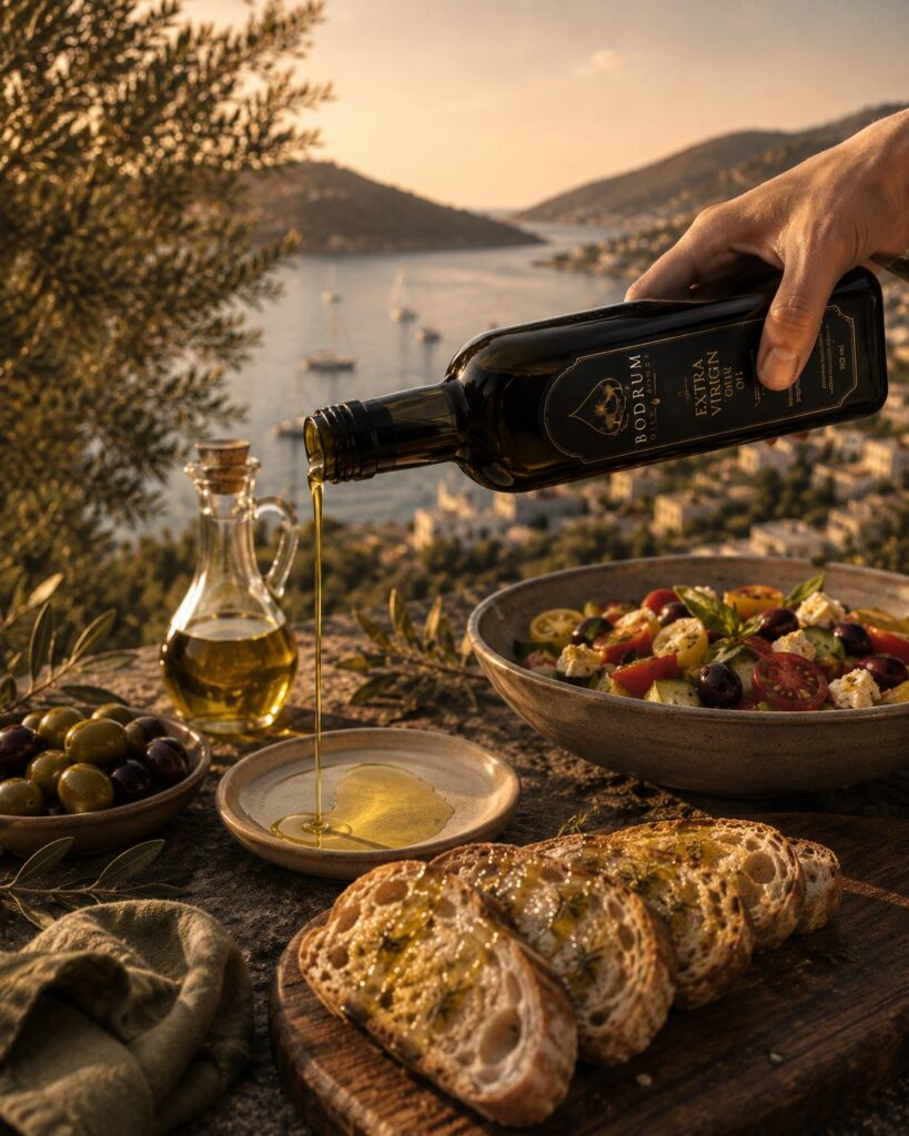 Bodrum Olive House extra virgin olive oil poured over bruschetta with a Bodrum coastline view