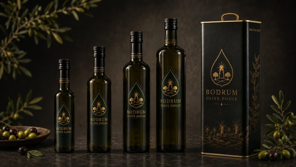Bodrum Olive House full bottle and tin packaging lineup on a dark marble surface