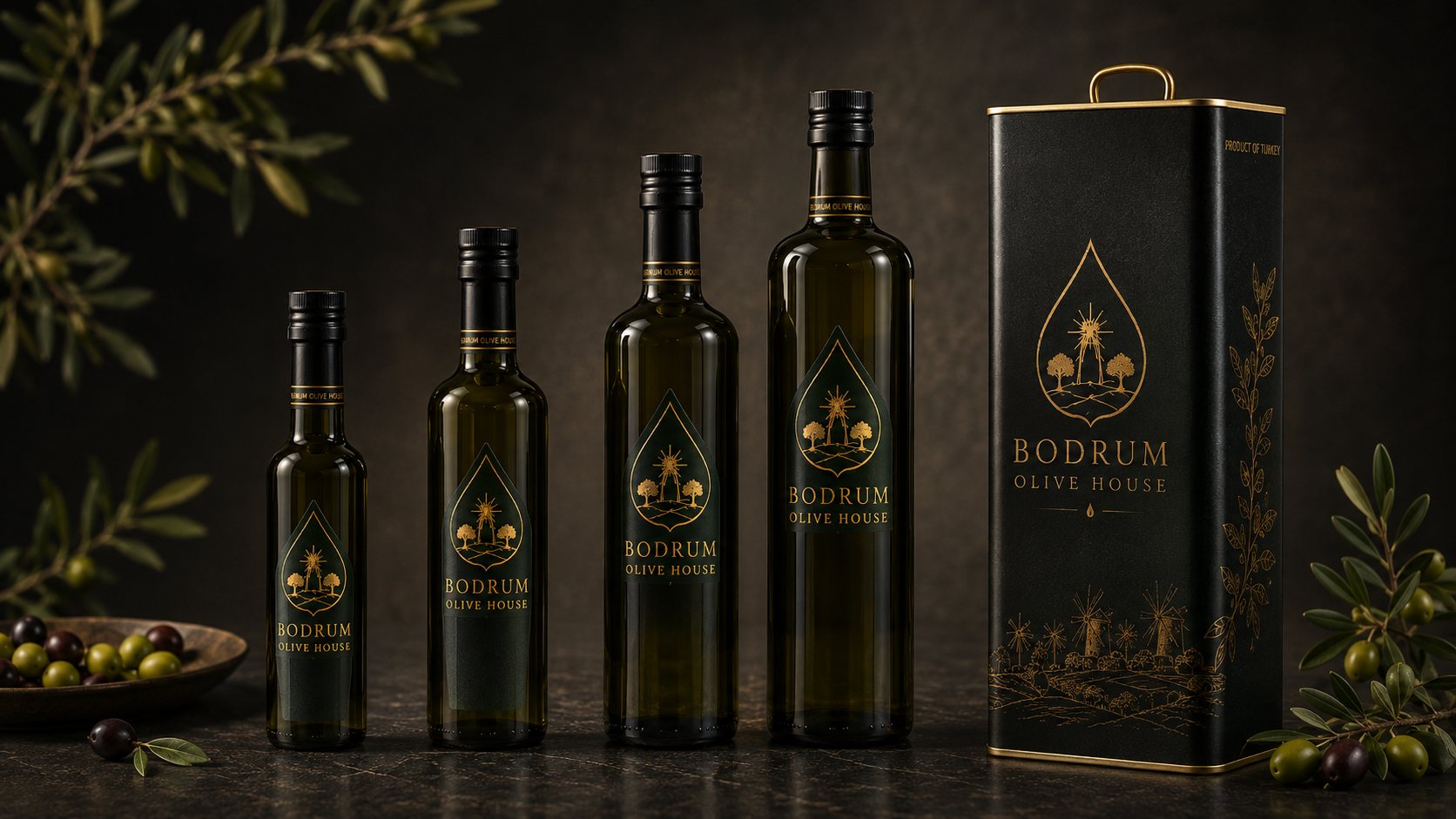 Bodrum Olive House full bottle and tin packaging lineup on a dark marble surface