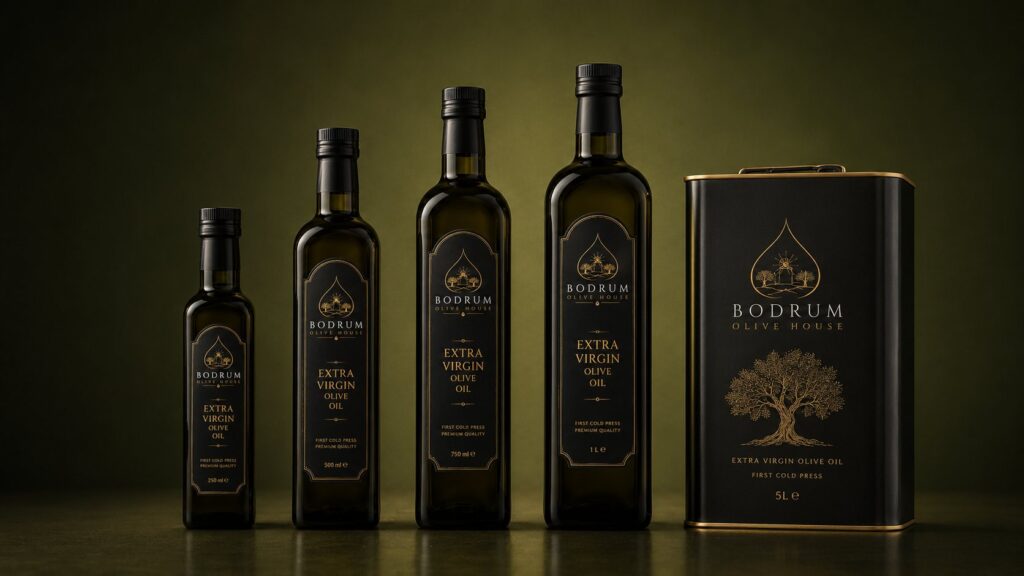 Bodrum Olive House packaging sizes from 250 ml to 5 L glass bottles and tin can