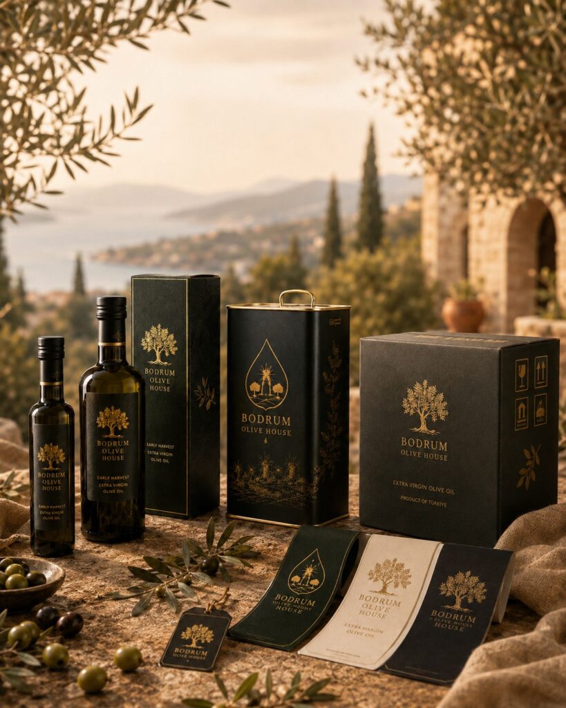 Bodrum Olive House private-label packaging lineup: bottles, gift box, tin, export carton, label designs and hang tag on a stone table above the Bodrum coastline