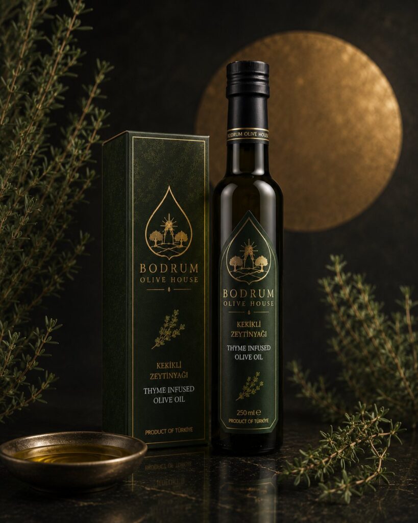 Bodrum Olive House thyme infused olive oil 250 ml bottle with packaging box
